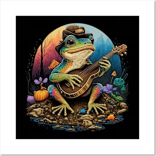 Cottagecore aesthetic cute frog playing ukelele on Mushroom Posters and Art